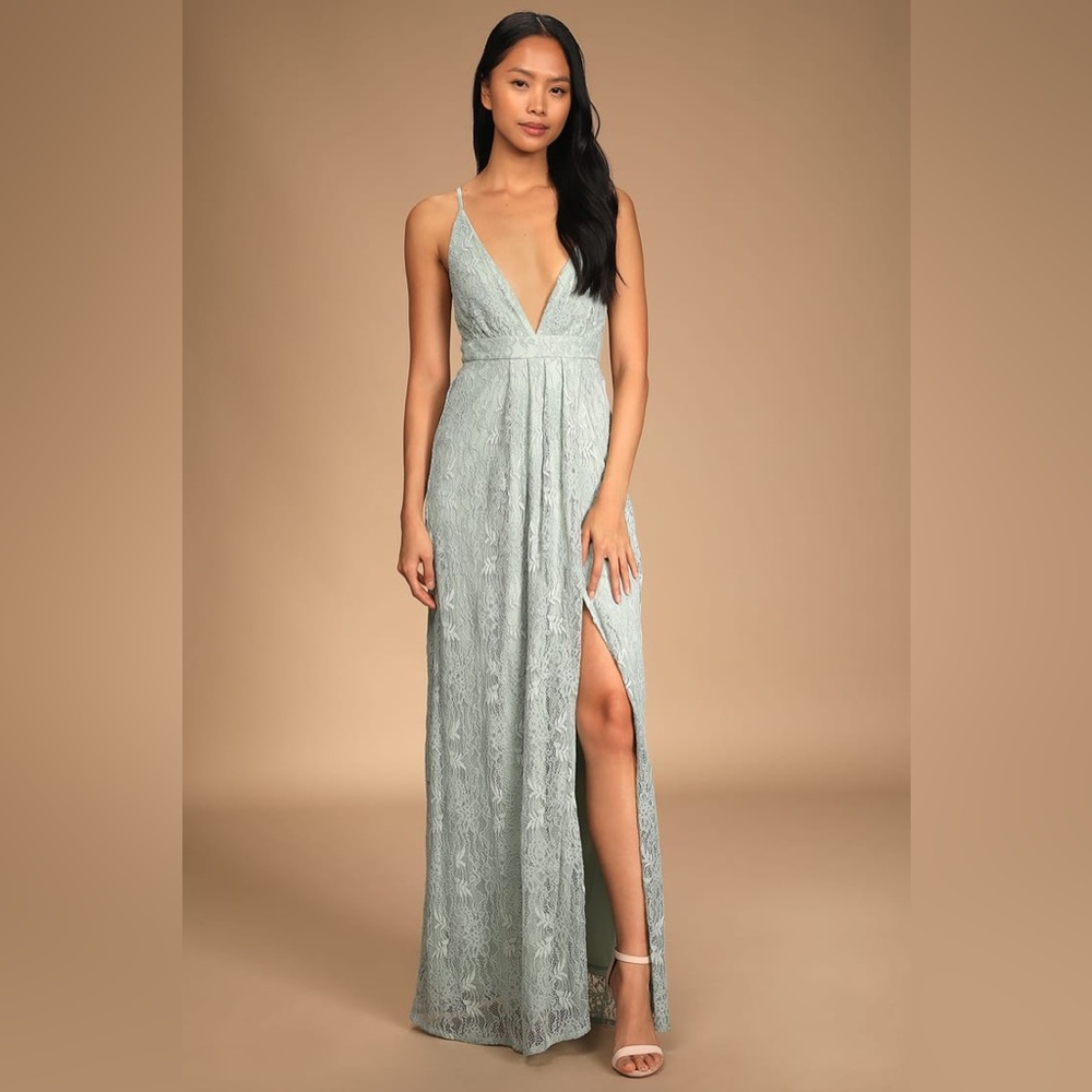 Lulu’s pale mint green dress with lace embroidered overlay, lace/zip up back